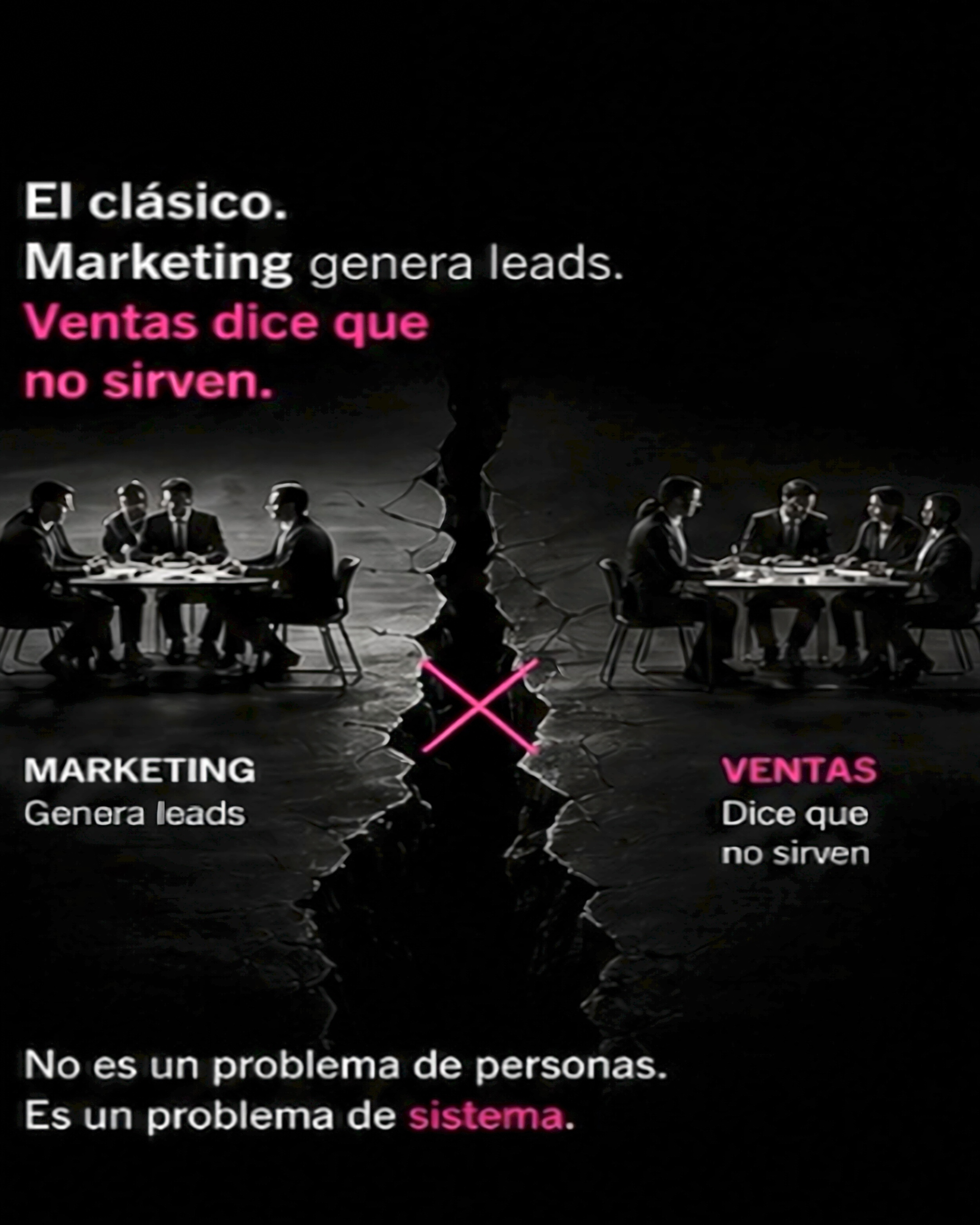 Dos equipos separados por una grieta ilustran la desconexión entre marketing y ventas.